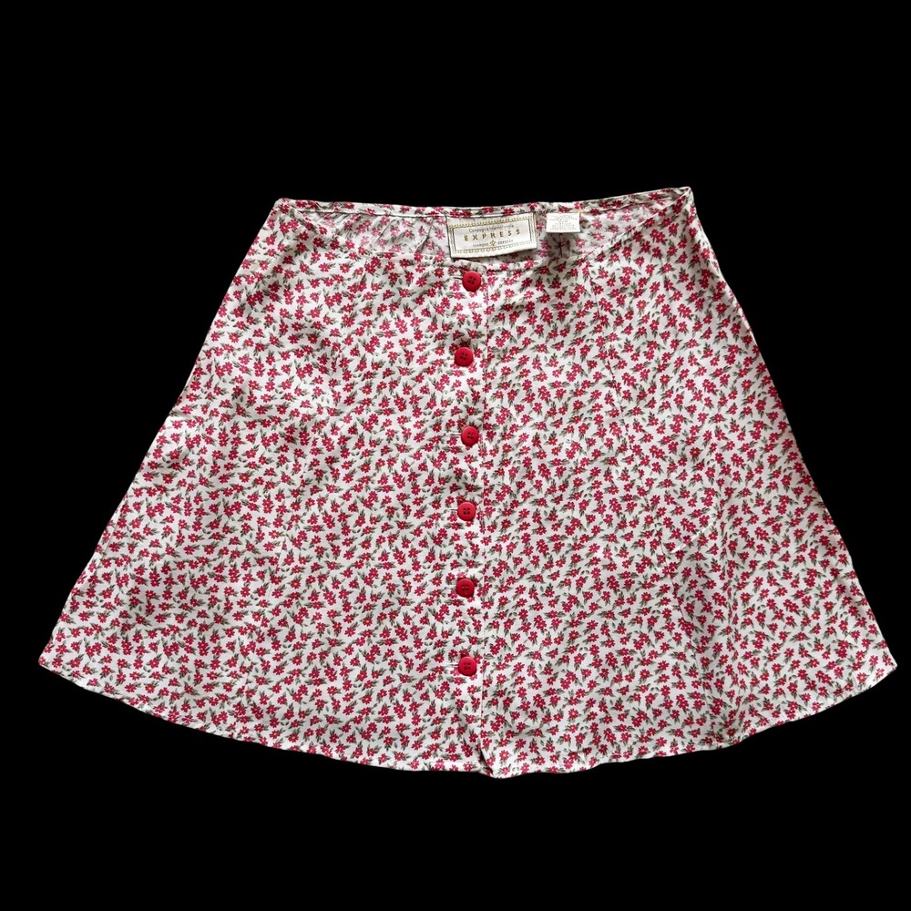 Vintage Express Ditsy Red Floral Button Mini Skirt 90s Rayon 7/8 cottagecore